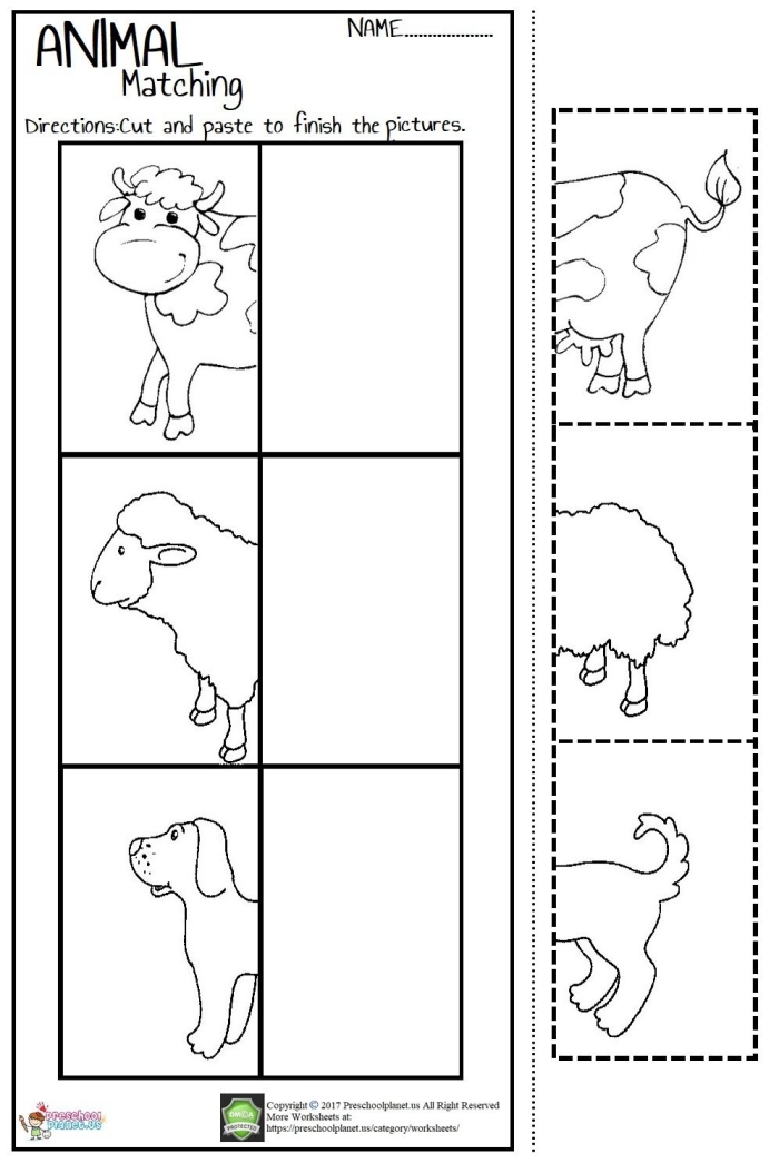 Kindergarten student completing a matching animals worksheet with CVC words