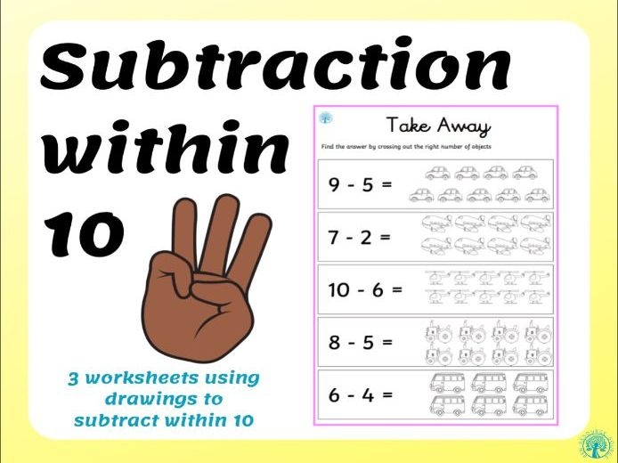 Mid-Year Math Assessment: Subtraction Within 10 with Animal Pictures for Kindergarten Practice Animal-themed subtraction problems showing kindergarten students solving math equations with numbers within 10
