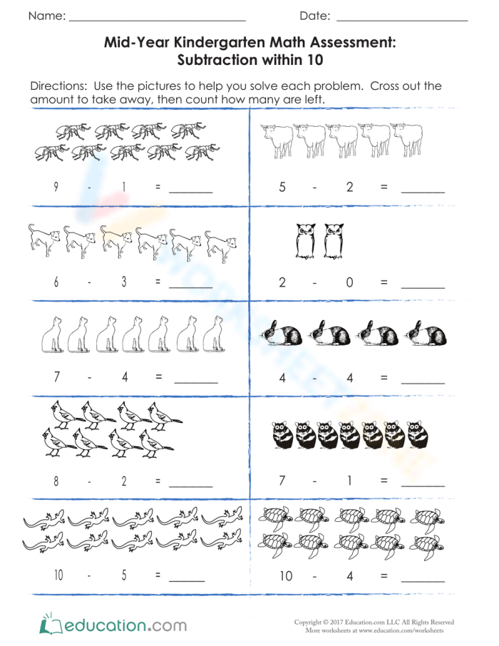 Mid-Year Kindergarten Subtraction within 10 Animal Math Worksheet 6 Kindergarten worksheet with animal-themed subtraction problems for testing math skills within 10