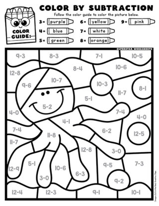 Subtraction Color By Number Fish Worksheet Number 12 Kindergarten student working on a Subtraction Color By Number worksheet featuring a fish illustration