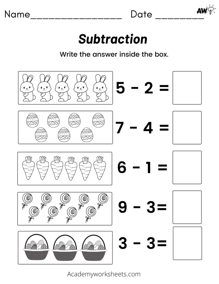 Kindergarten worksheet showing Spring Into It subtraction practice with counting pictures and number writing