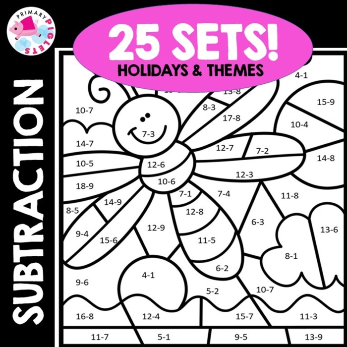 Colorful underwater fish revealed through subtraction math and color by number activity Kindergarten student solving subtraction problems and coloring a fish illustration by number