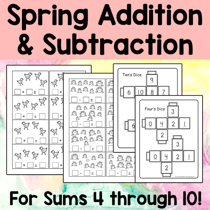 Kindergarten student working on a spring themed subtraction practice worksheet with pictures