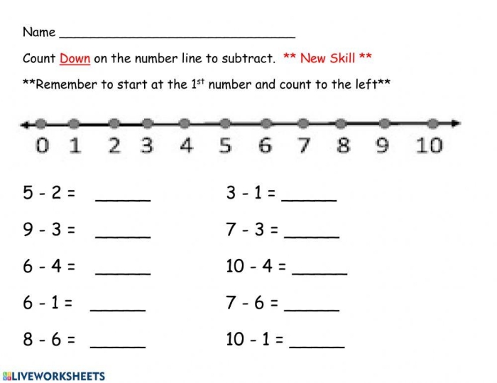 Kindergarten subtraction worksheet featuring a colorful number line for counting backwards