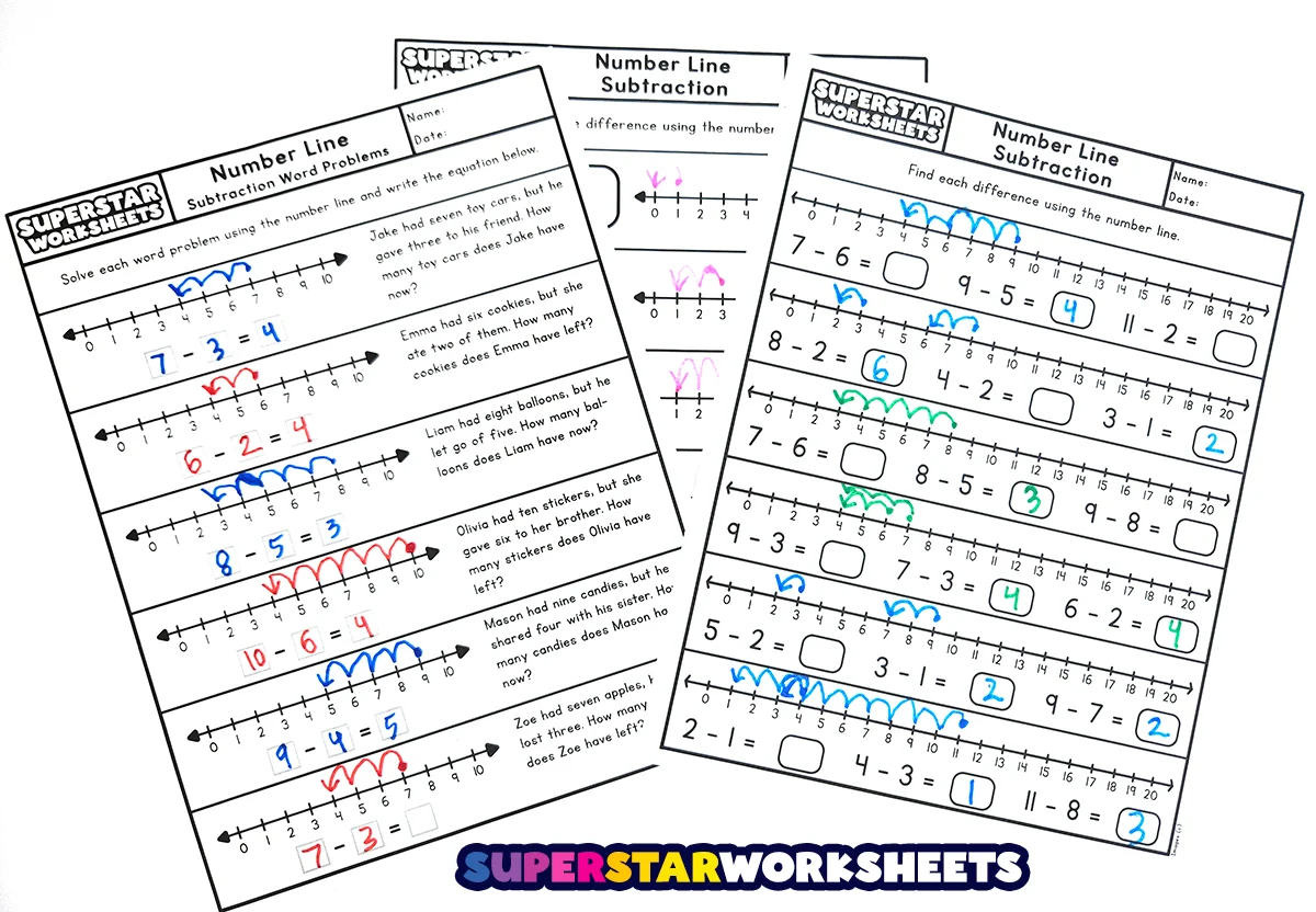 Kindergarten student using a number line to solve subtraction problems on a practice sheet