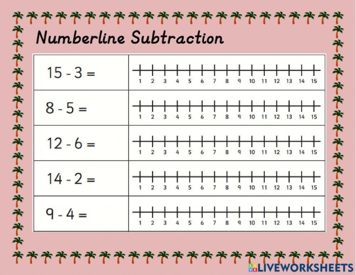 A kindergarten student using a number line with hop marks to solve subtraction problems