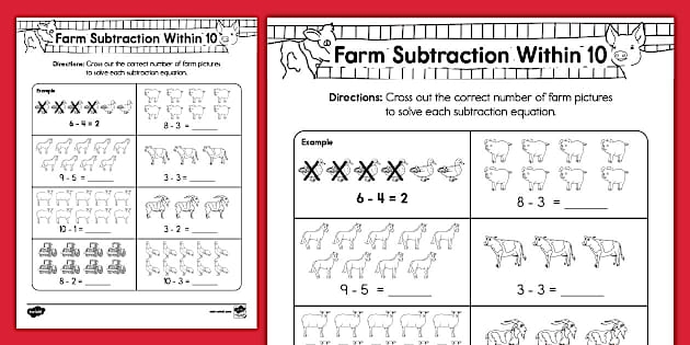 Kindergarten subtraction to 10 worksheet with life science themed items to cross out