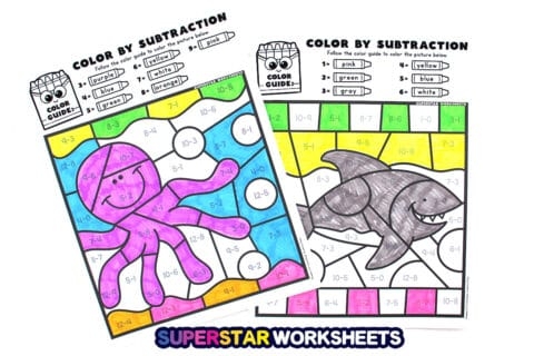 Subtraction Color By Number Fish Worksheet 16 Kindergarten subtraction color by number worksheet featuring a fish to solve and paint 16