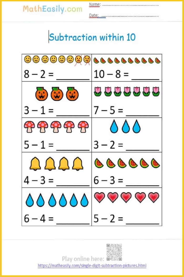 Mid-Year Subtraction Assessment Activity 4 for Young Learners Kindergarten students solving animal-themed subtraction problems with numbers up to 10 on a math worksheet