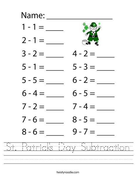 St. Paddy's Subtraction Practice with Shamrock Math Problems for Kids A kindergarten worksheet featuring green shamrocks with St. Patrick's Day themed subtraction problems for young learners