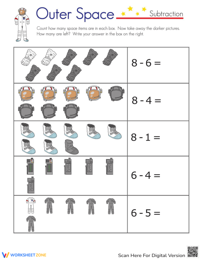 Subtracting in Space Worksheet Number 17 Kindergarten student practicing subtraction skills with stars and rocketships on a space themed worksheet