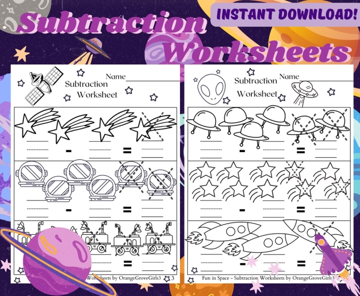 Space subtraction practice activity showing stars and rocketship for early math learners Kindergarten student solving subtraction problems with colorful stars and a rocketship in an outer space themed worksheet