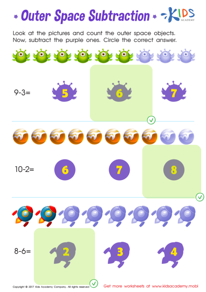 Subtracting in Space Practice Activity 14 for Early Learners Kindergarten student solving subtraction problems with colorful stars and a rocketship in an outer space themed worksheet