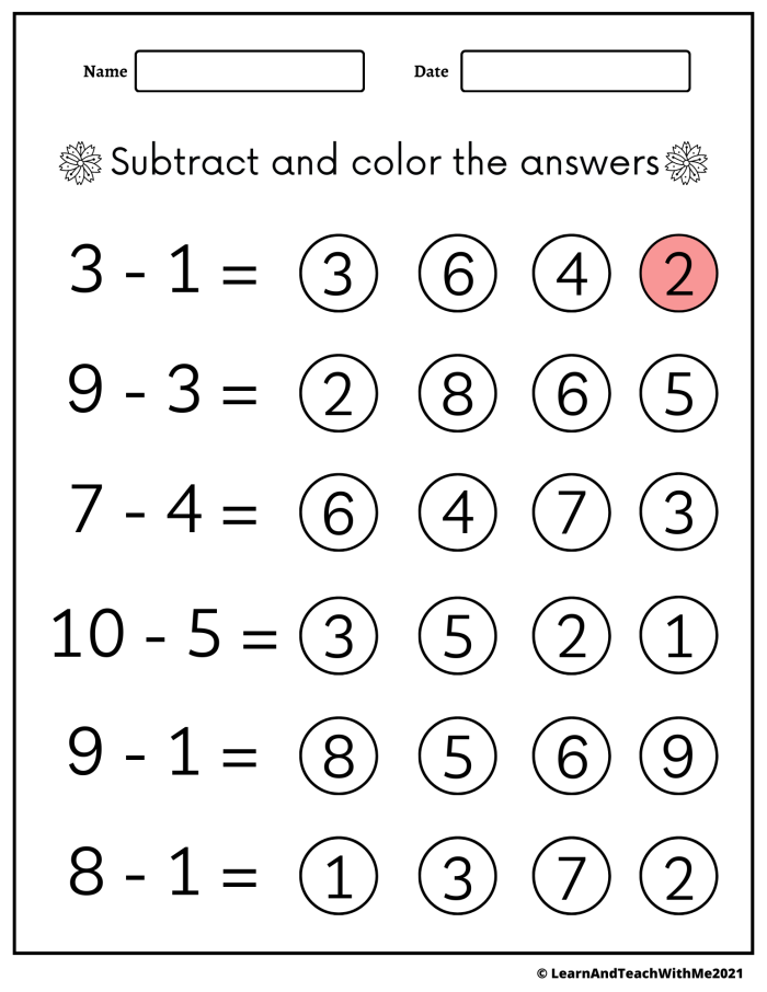 Kindergarten student practicing subtraction with spring-themed pictures and counting objects on a worksheet