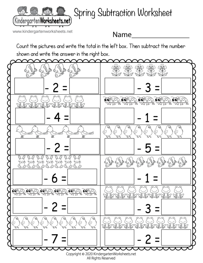 Kindergarten math worksheet for practicing subtraction with fun spring-themed counting illustrations