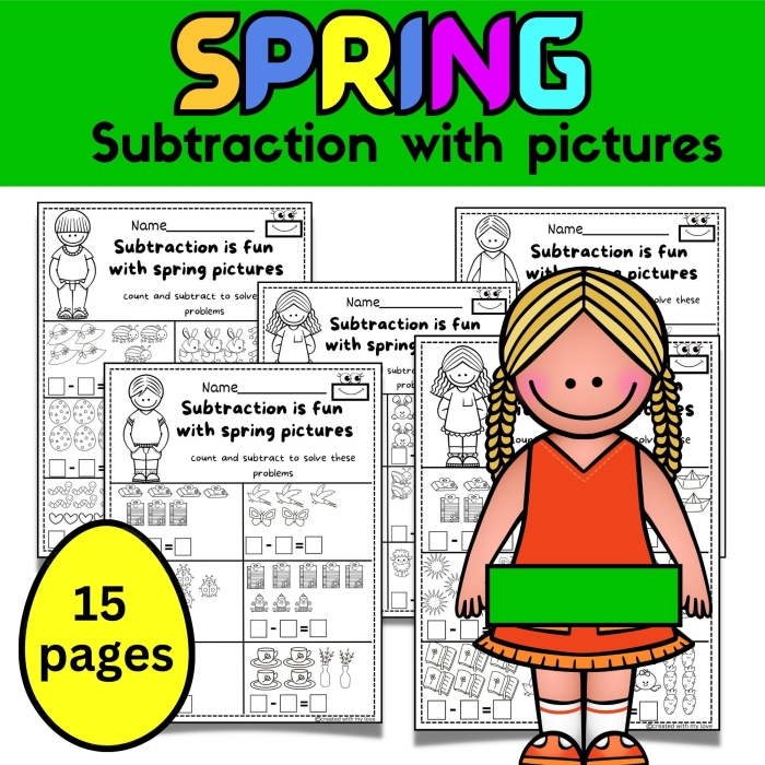 Kindergarten worksheet featuring spring-themed subtraction practice with pictures and counting exercises for image number 17