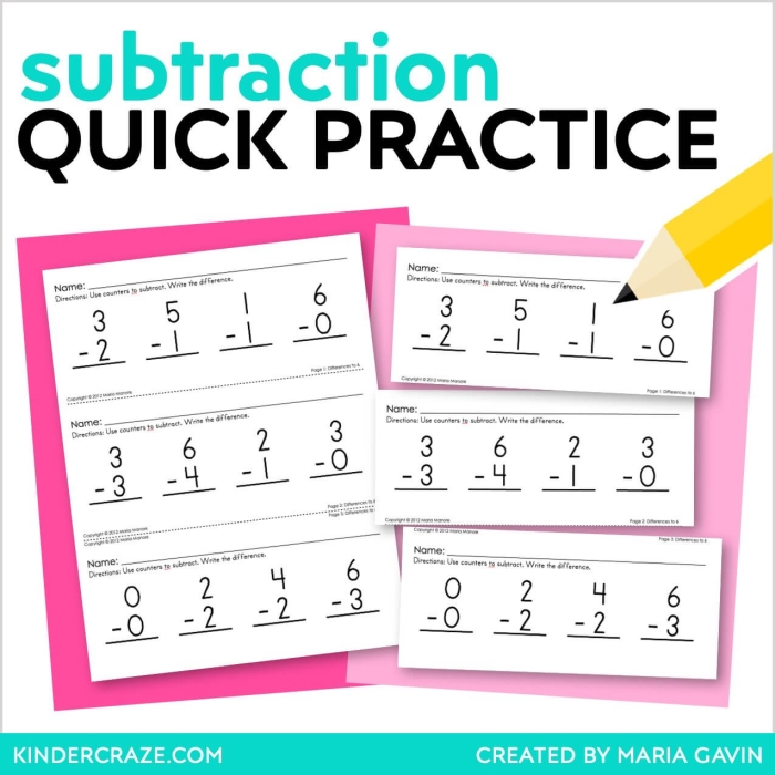 Kindergarten student completing a Spring Into It subtraction practice worksheet with illustrated counting exercises