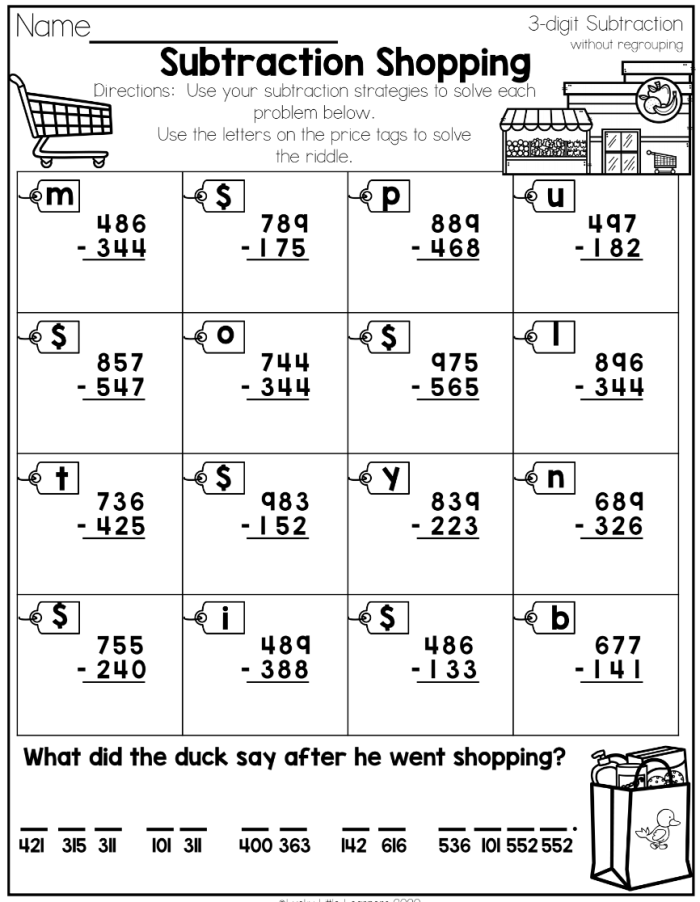 Kindergarten student solving subtraction problems with spring-themed pictures and counting objects on a worksheet