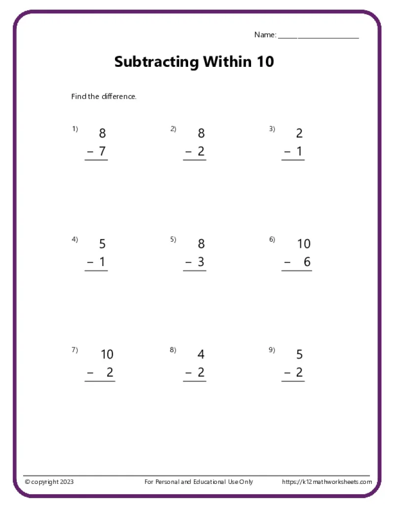 Kindergarten life science worksheet for practicing subtraction to 10 by crossing out objects