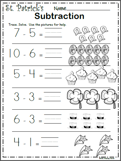 St. Paddy's Day themed subtraction worksheet for kindergarten students