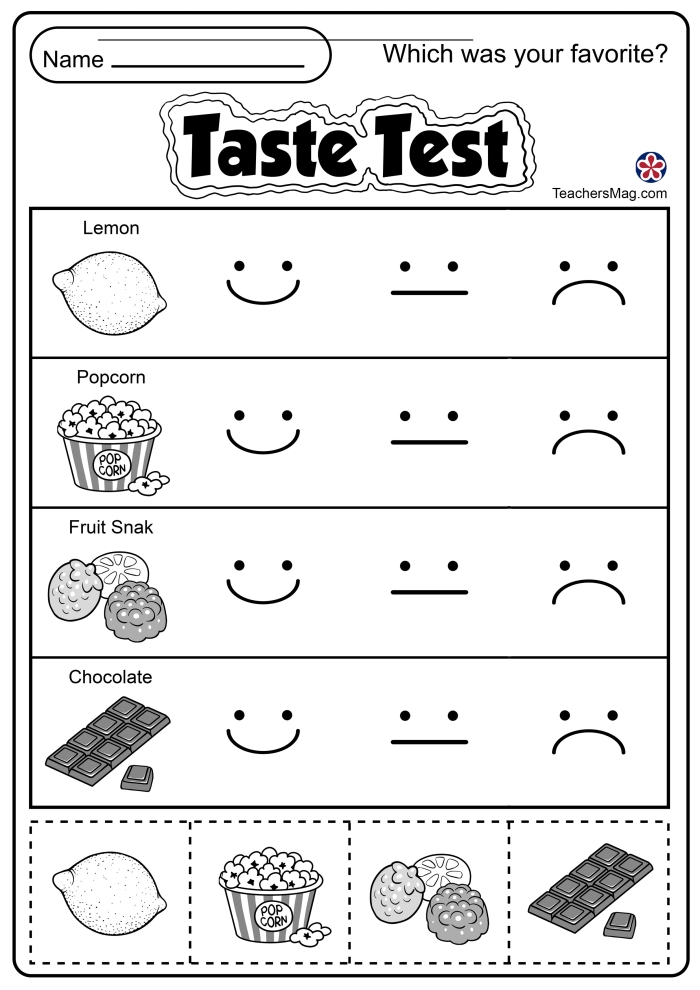 Life Science worksheet for Kindergarten Colorful worksheet for kindergarten students focusing on the five senses, specifically taste matching activities. Engaging taste matching worksheet to help young learners explore their senses through fun associations.
