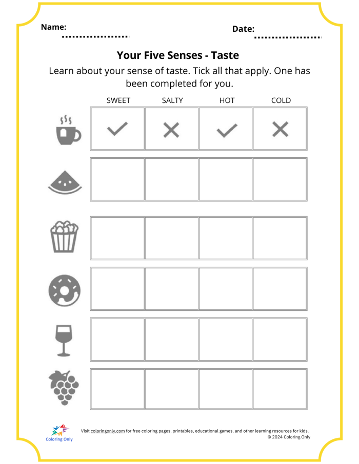 Taste Matching Worksheet for Kindergarten: Exploring the Five Senses A colorful worksheet designed for kindergarten kids to match tastes with words related to the five senses