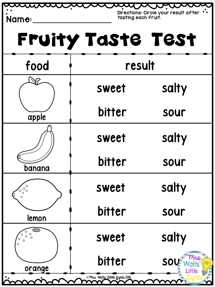 Interactive 5 Senses Taste Matching worksheet designed for young learners in life science Colorful worksheet featuring taste matching activities for kindergarten students learning about the five senses