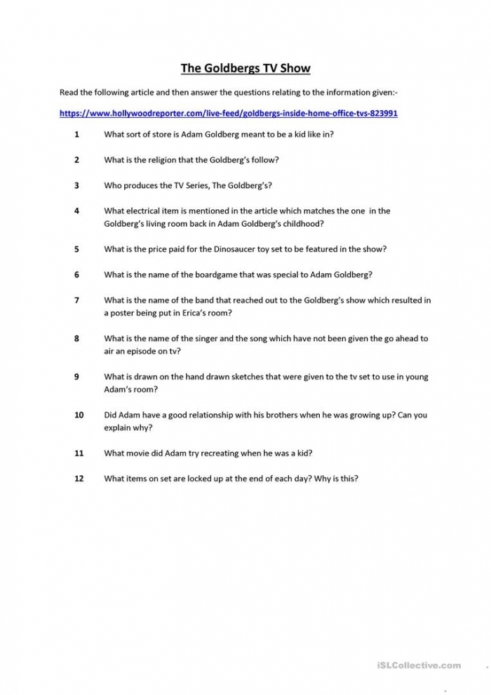 Television show comprehension questions worksheet designed for kindergarten students