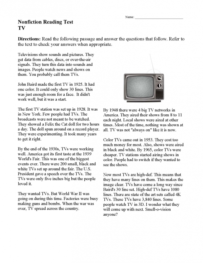 Television show comprehension questions worksheet designed for kindergarten students