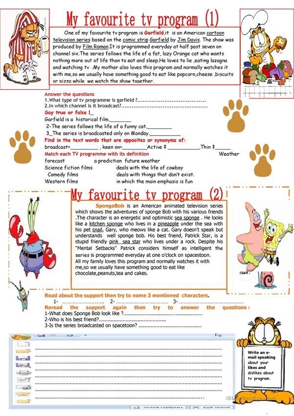 Television show comprehension questions worksheet for kindergarten students