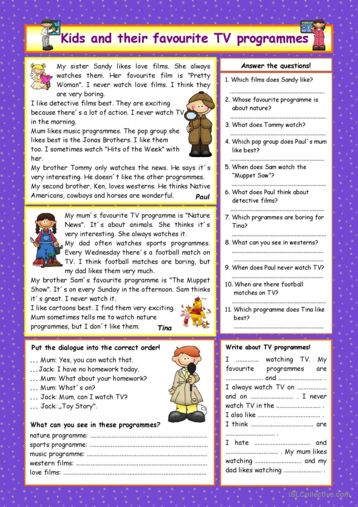 Television show comprehension questions worksheet designed for kindergarten students