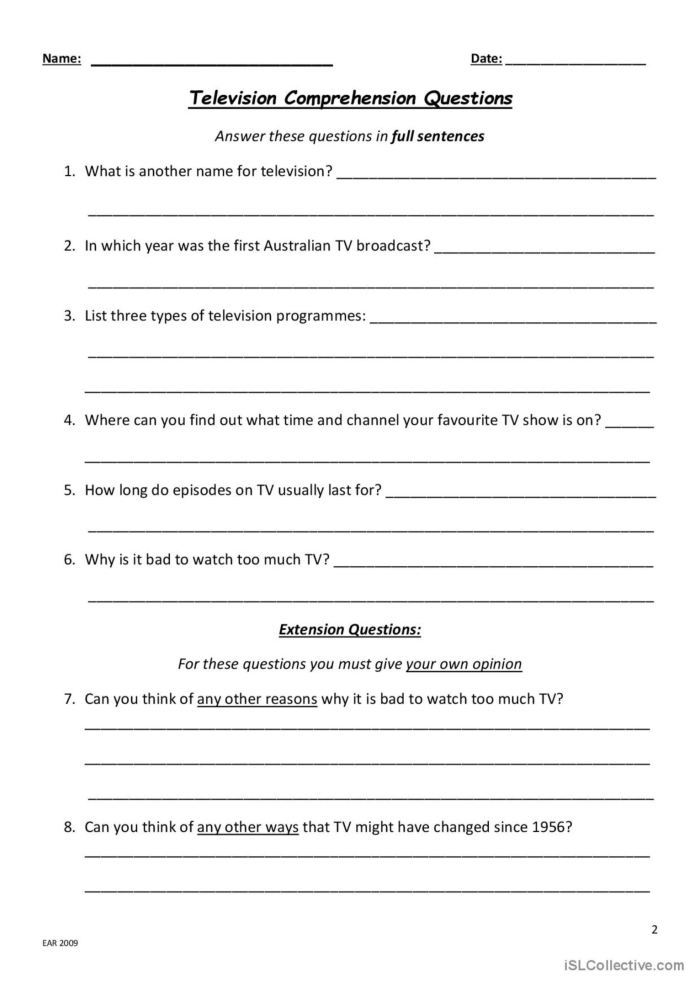 Television show comprehension questions worksheet for kindergarten students
