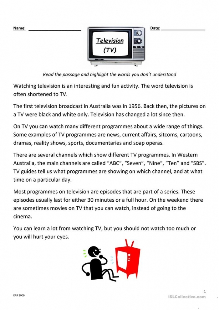 Television show comprehension questions worksheet designed for kindergarten students