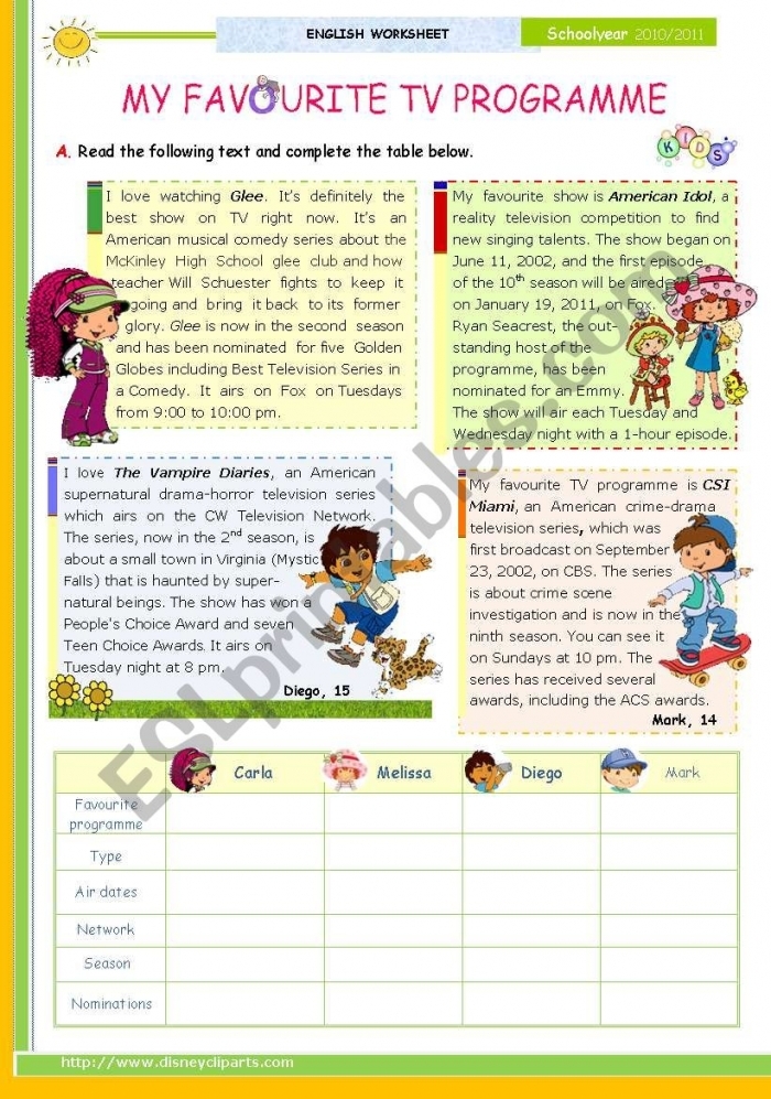 Television show comprehension questions worksheet for kindergarten students