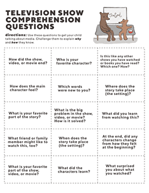 Television show comprehension questions worksheet for kindergarten students