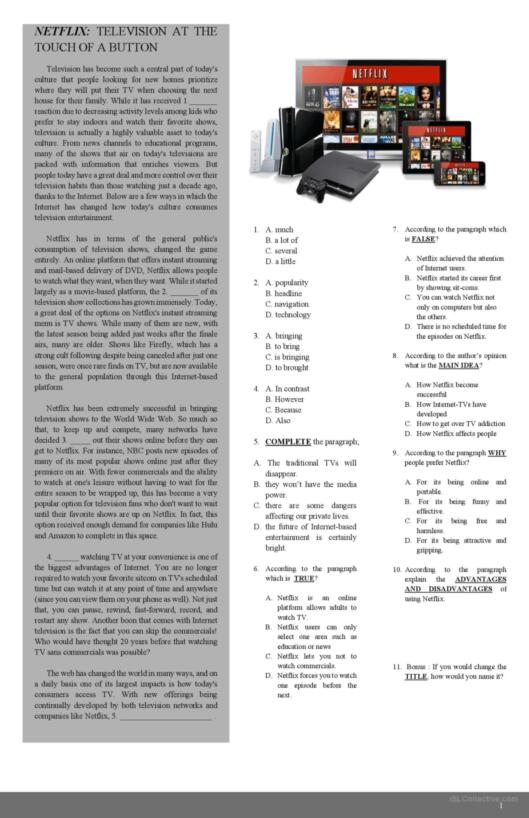Television show comprehension questions worksheet for kindergarten students