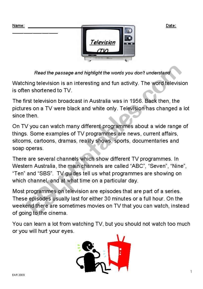 Television show comprehension questions worksheet for kindergarten students
