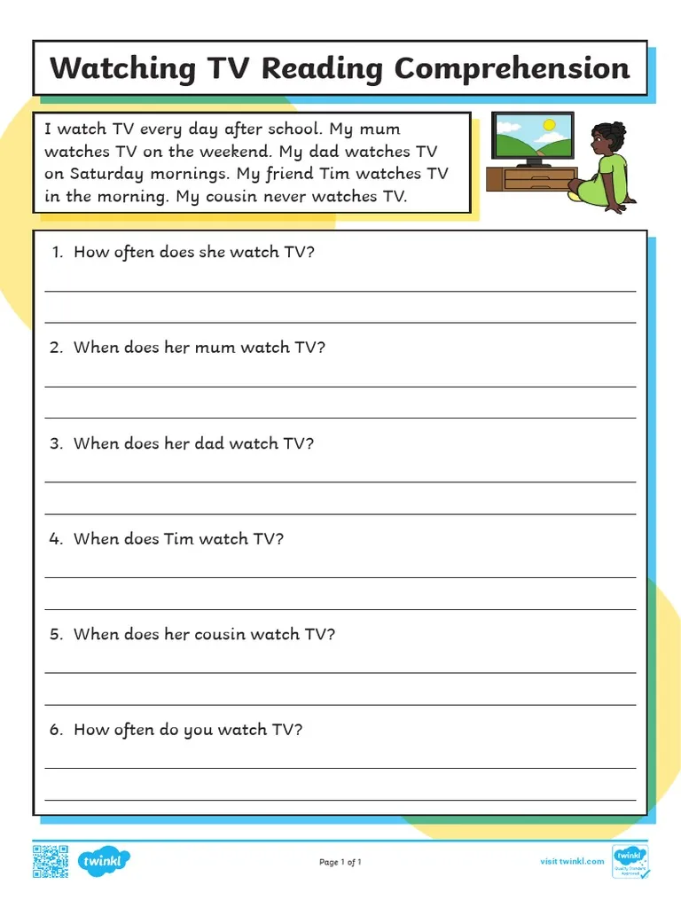 Television show comprehension questions worksheet for kindergarten students