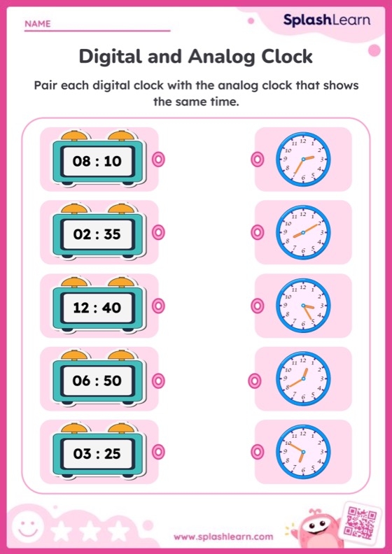 Printable Match the Clock worksheet for kindergarten time-telling practice