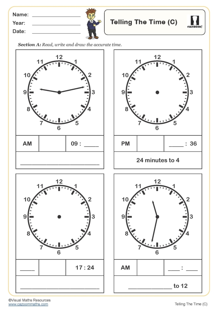 Kindergarten worksheet featuring Melissa Mouse helping children learn to tell time using an analog clock