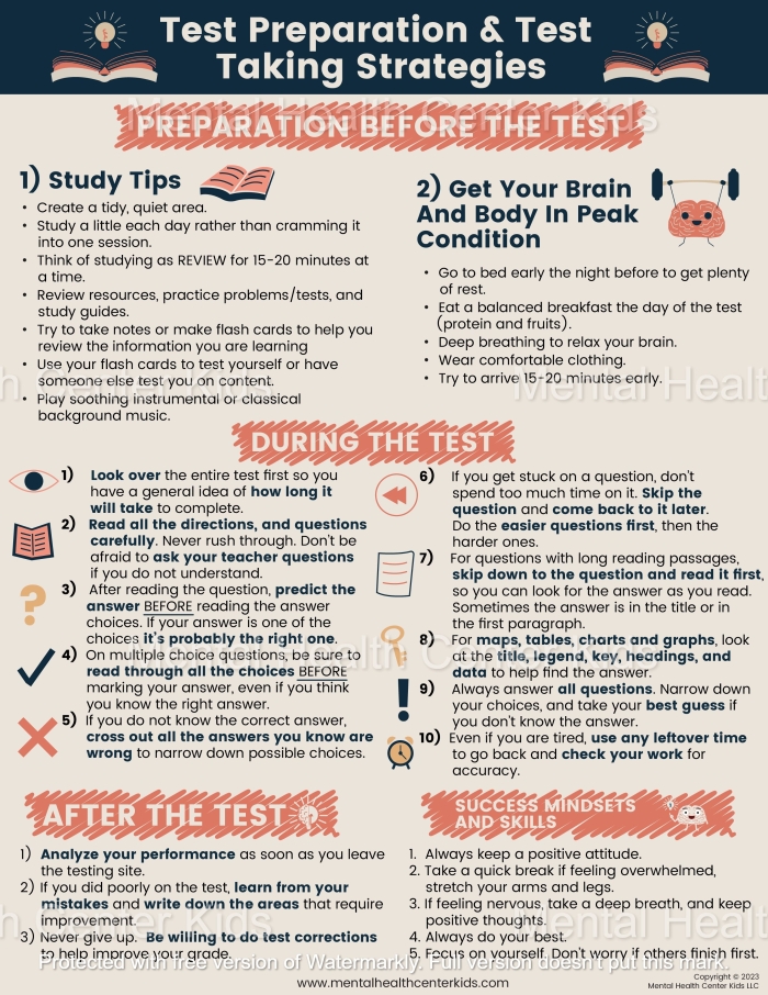 Worksheet featuring calming strategies for young learners during quizzes Five tips for staying calm during test-taking for kindergarten students