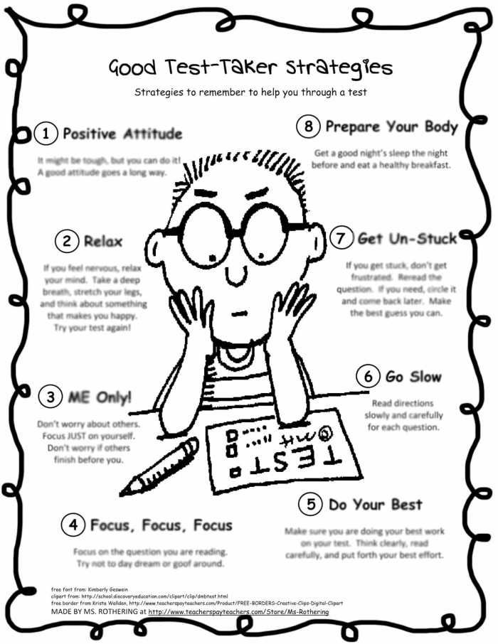 Worksheet with calming strategies for young learners during quizzes and exams Five Tips for Calmer Test-Taking worksheet for kindergarten students