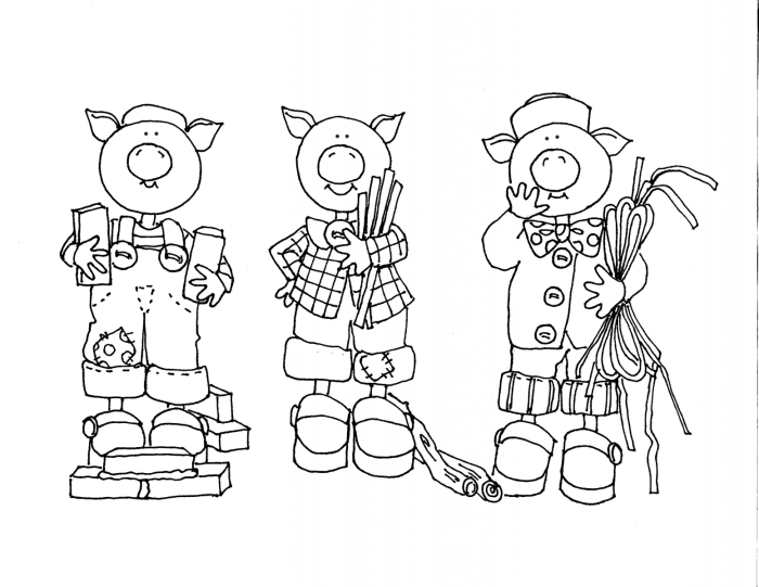 Kindergarten spelling worksheet featuring The Three Little Pigs story and cut-out finger puppets