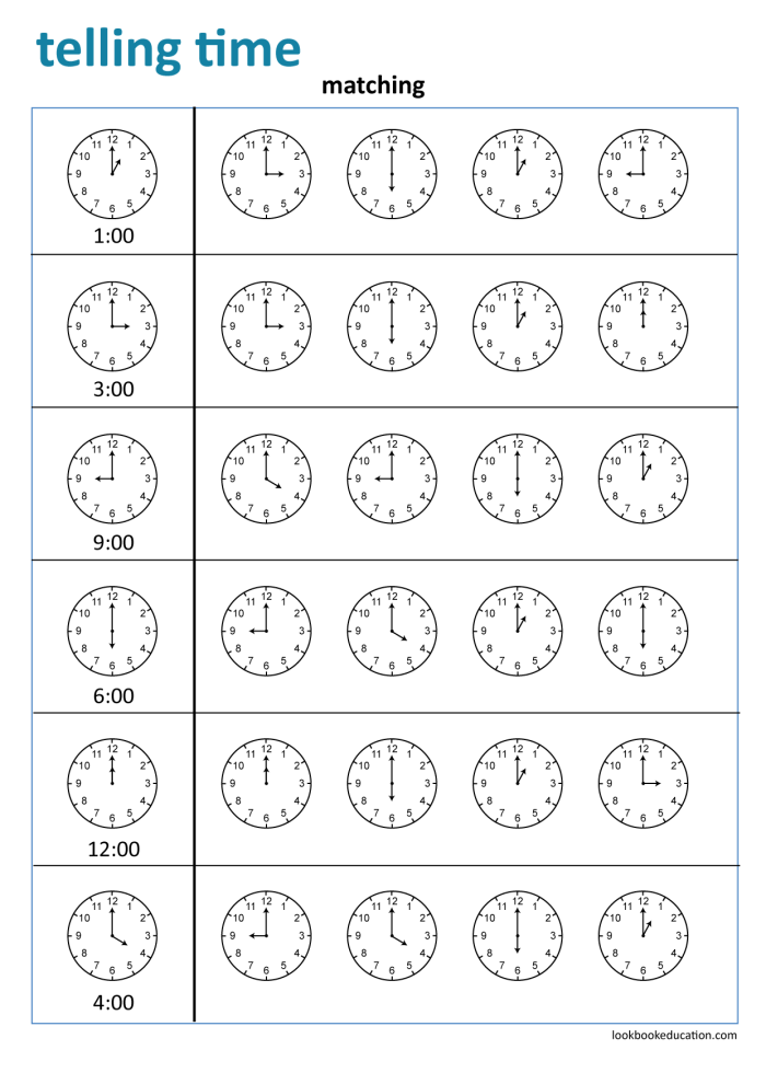 Kindergarten student completing a match the clock time telling activity sheet