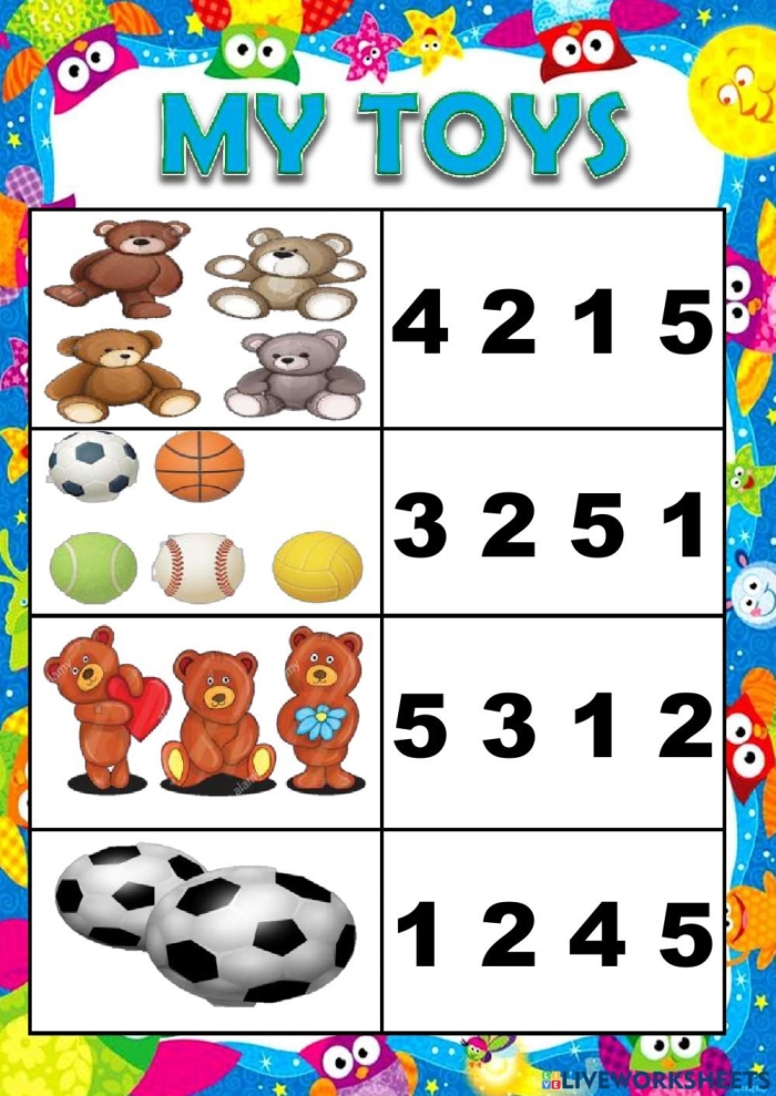 Toy Time Counting worksheet for kindergarten students to practice counting groups of toys