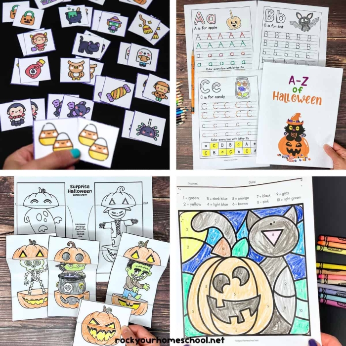 Kindergarten reading worksheet featuring a trick-or-treat maze where students follow a path to collect candy pieces