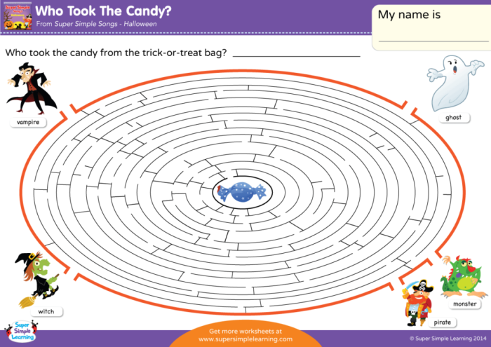 Kindergarten reading worksheet featuring a candy-themed trick-or-treat maze for young learners.