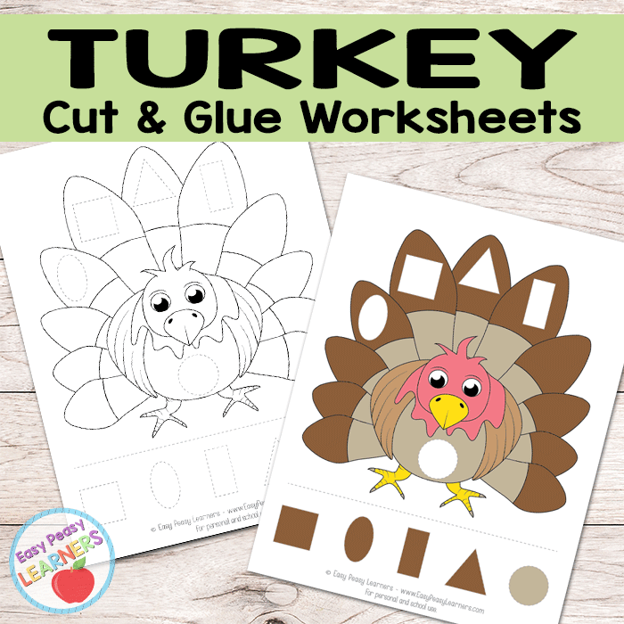 Cut-and-paste turkey worksheet featuring body parts and pilgrim clothing for kids