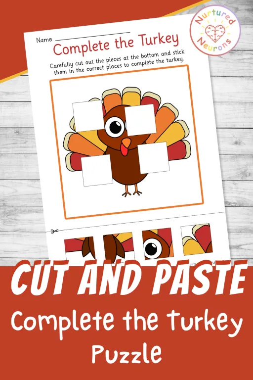 Kindergarten student assembling a paper turkey using a cut and paste worksheet