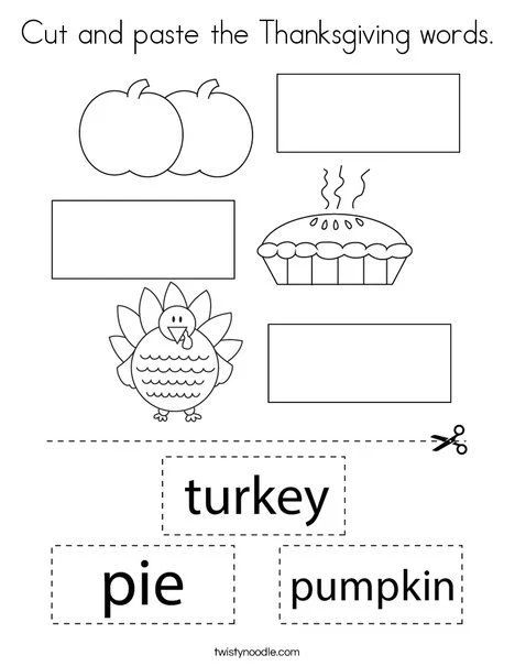 Cut-and-paste turkey worksheet for kindergarten featuring turkey body parts and pilgrim attire